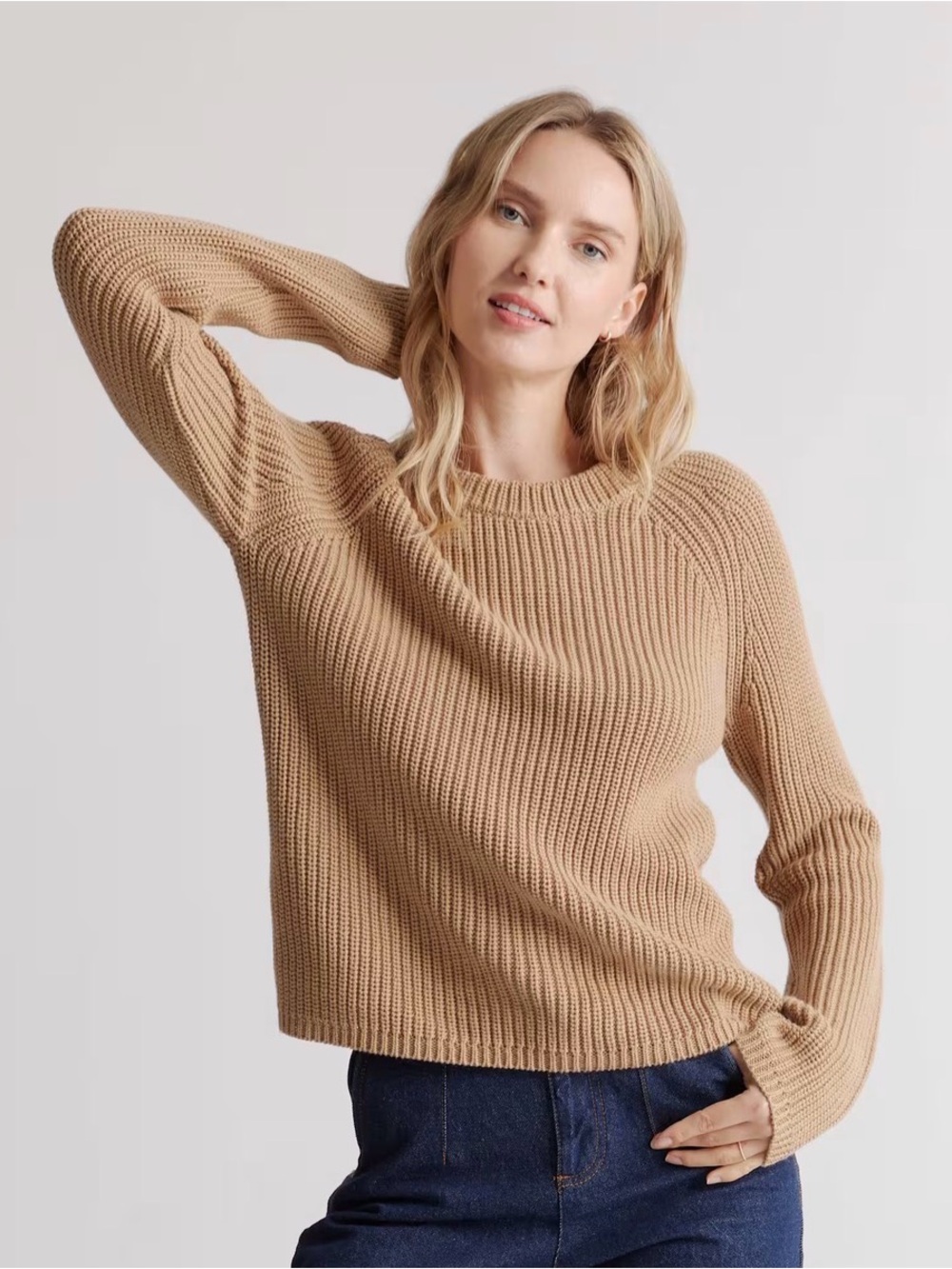 Quince 100% Organic Cotton Fisherman Crew Chunky Sweater Camel Tan L